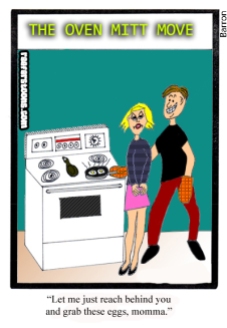 Cartoon of man hitting on woman utilizing oven mitts